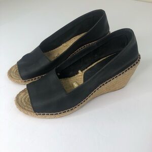 Anthropologie Daniela Polo Black Leather peep toe espadrille wedges size 41